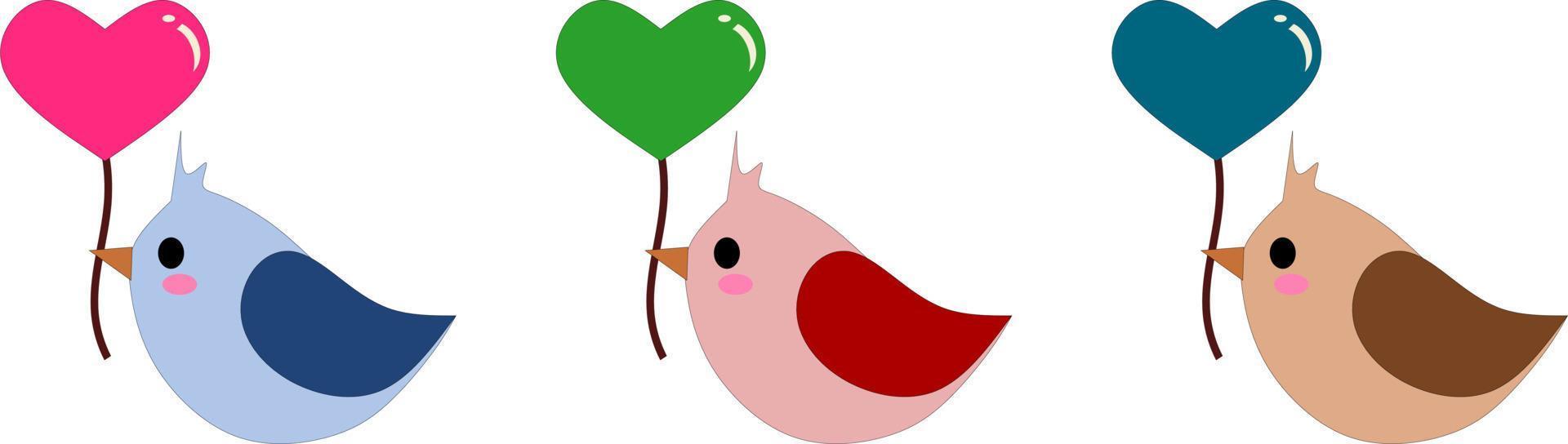 amore uccello con rosa verde blu cuore palloncini colore vettore
