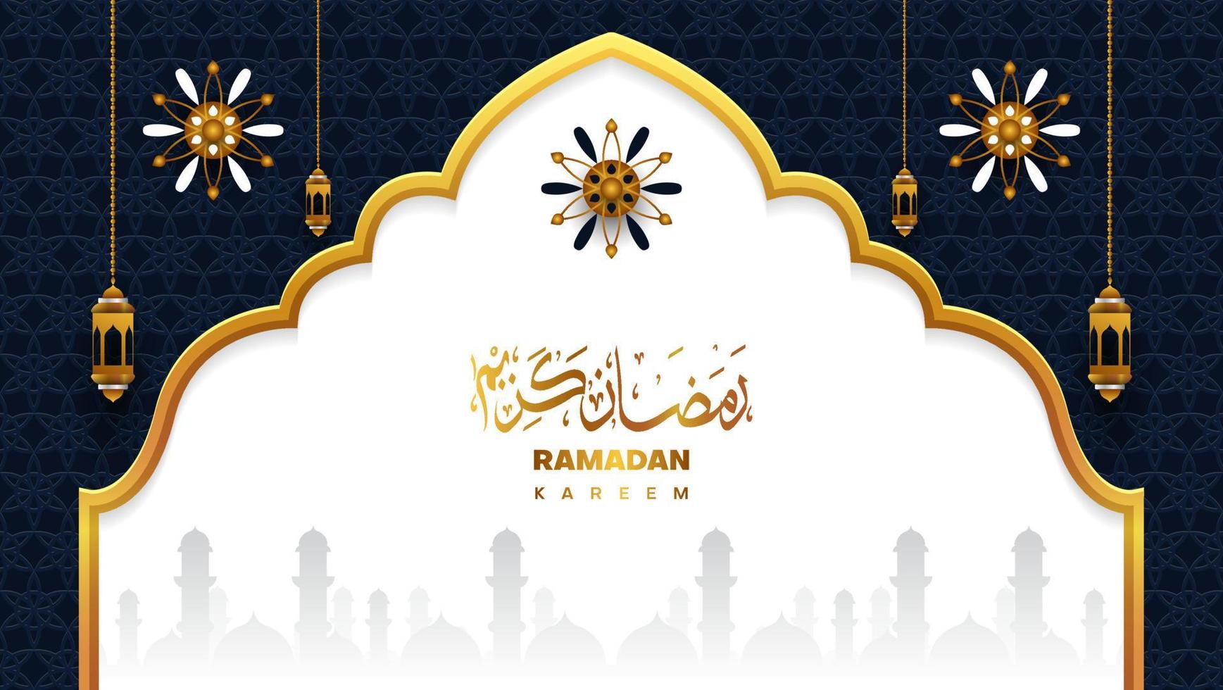 Ramadan kareem bandiera design con Arabo calligrafia nel buio blu, bianca e oro colore. islamico sfondo vettore