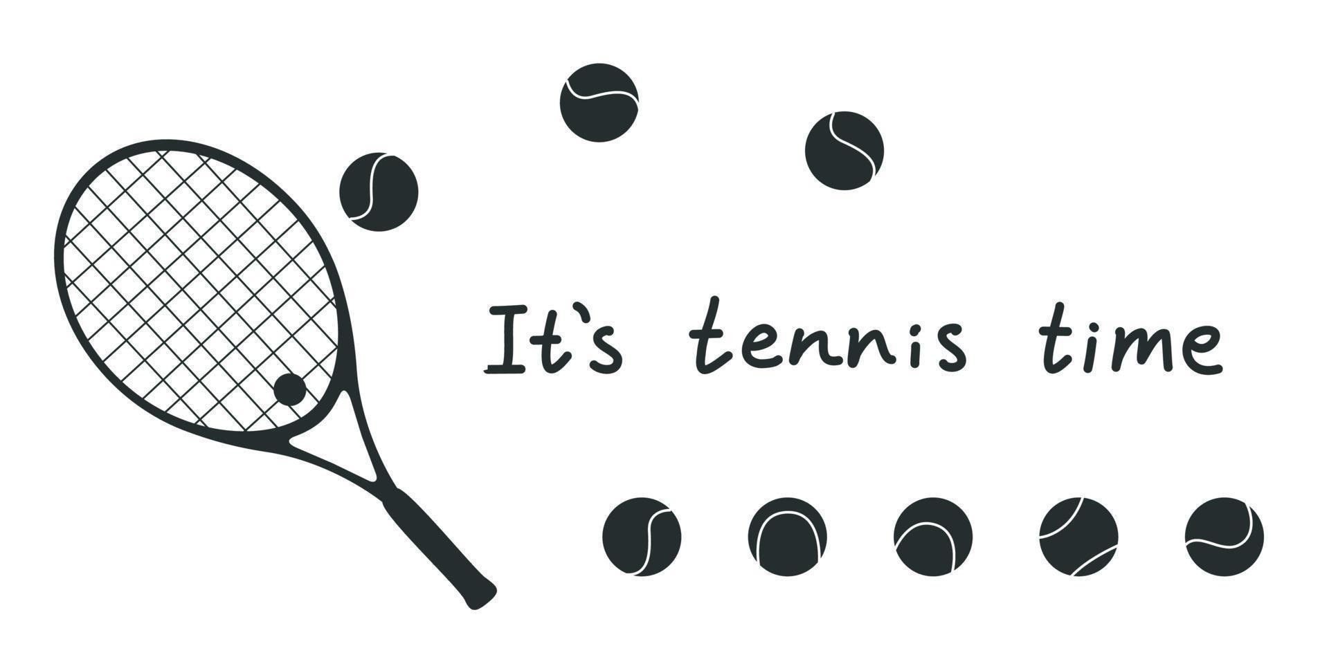 piatto vettore illustrazione nel infantile stile. mano disegnato tennis racchetta e palle. suo tennis tempo
