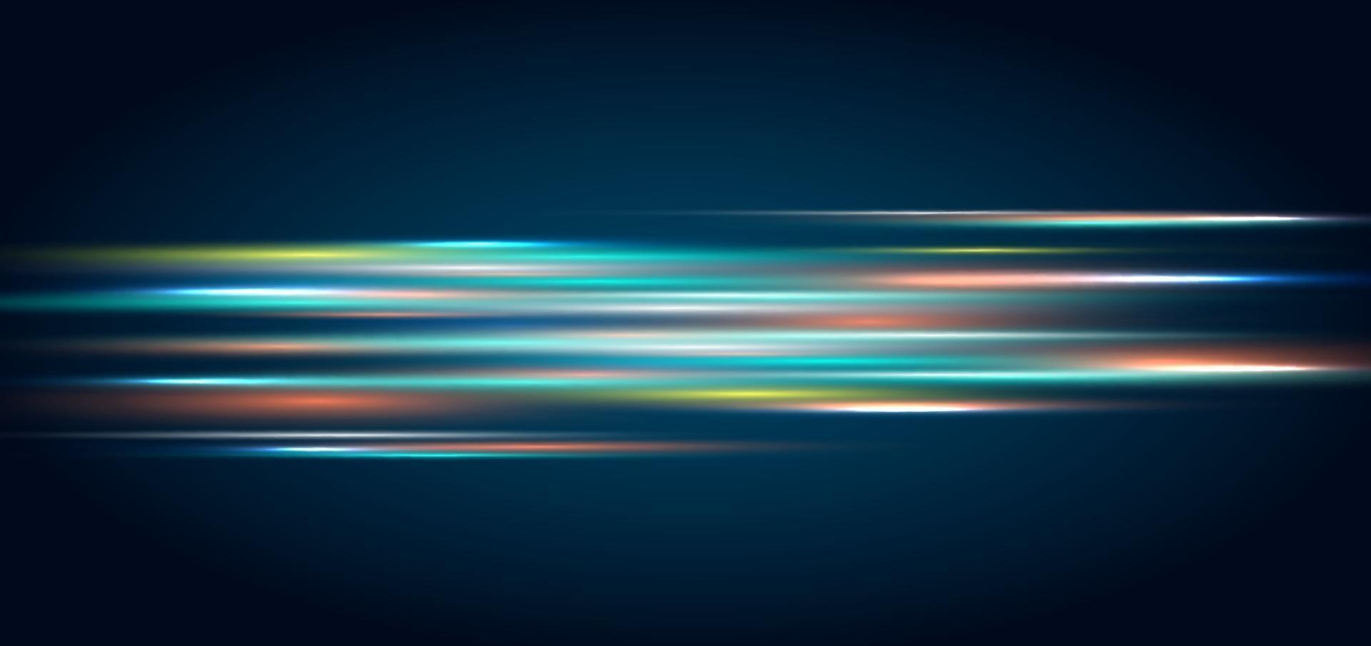 effetto di illuminazione e strisce di concetto astratto di tecnologia. linee orizzontali veloci in movimento su sfondo blu scuro vettore