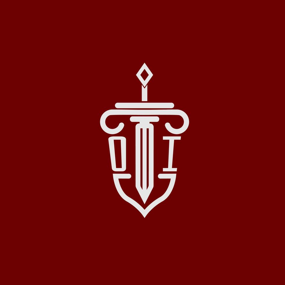 OI iniziale logo monogramma design per legale avvocato vettore Immagine con spada e scudo