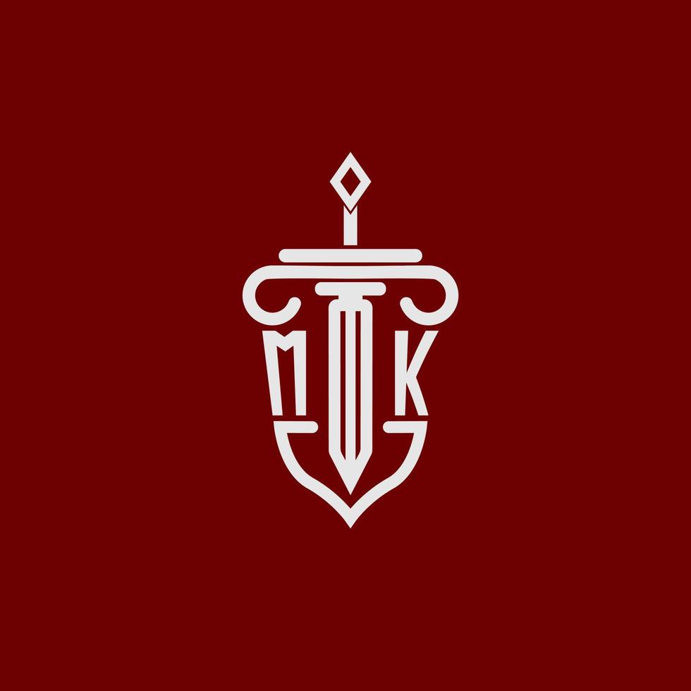 mk iniziale logo monogramma design per legale avvocato vettore Immagine con spada e scudo