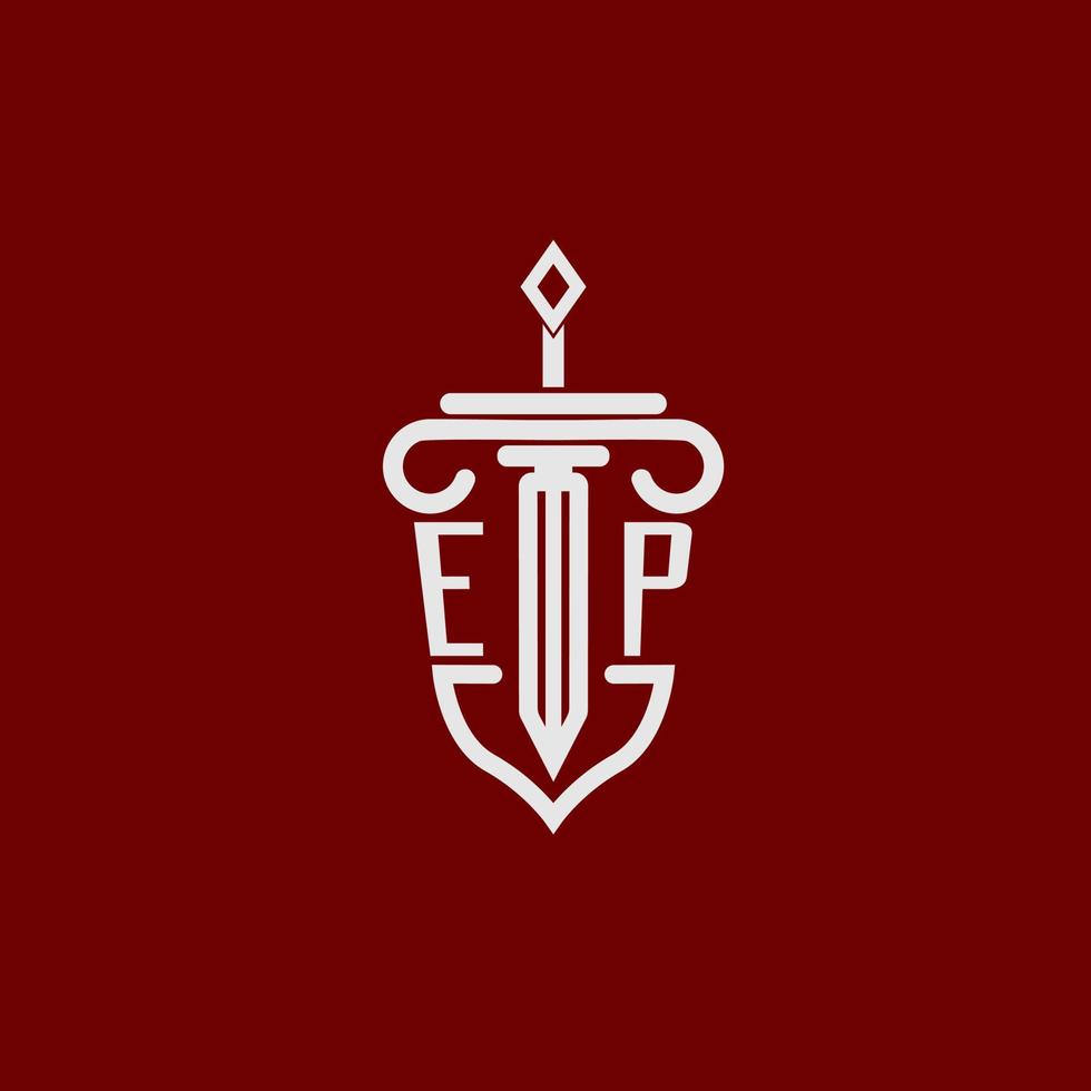 ep iniziale logo monogramma design per legale avvocato vettore Immagine con spada e scudo