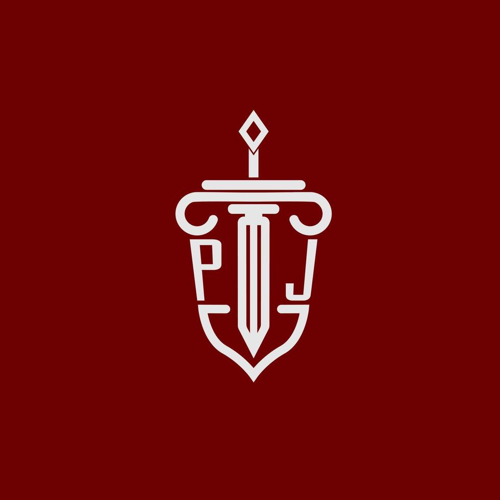 pj iniziale logo monogramma design per legale avvocato vettore Immagine con spada e scudo