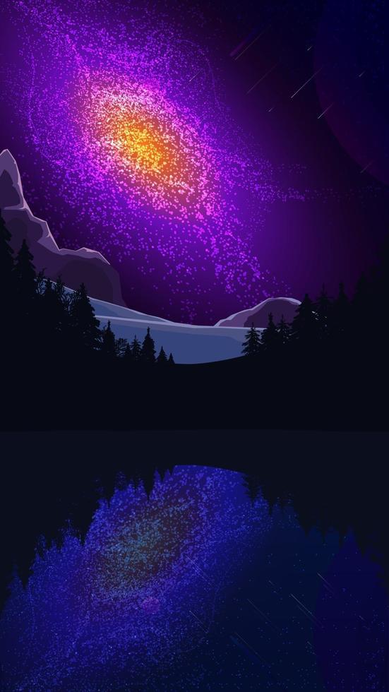 una costellazione luminosa, una galassia in un cielo stellato scuro sopra una pineta e un lago vettore