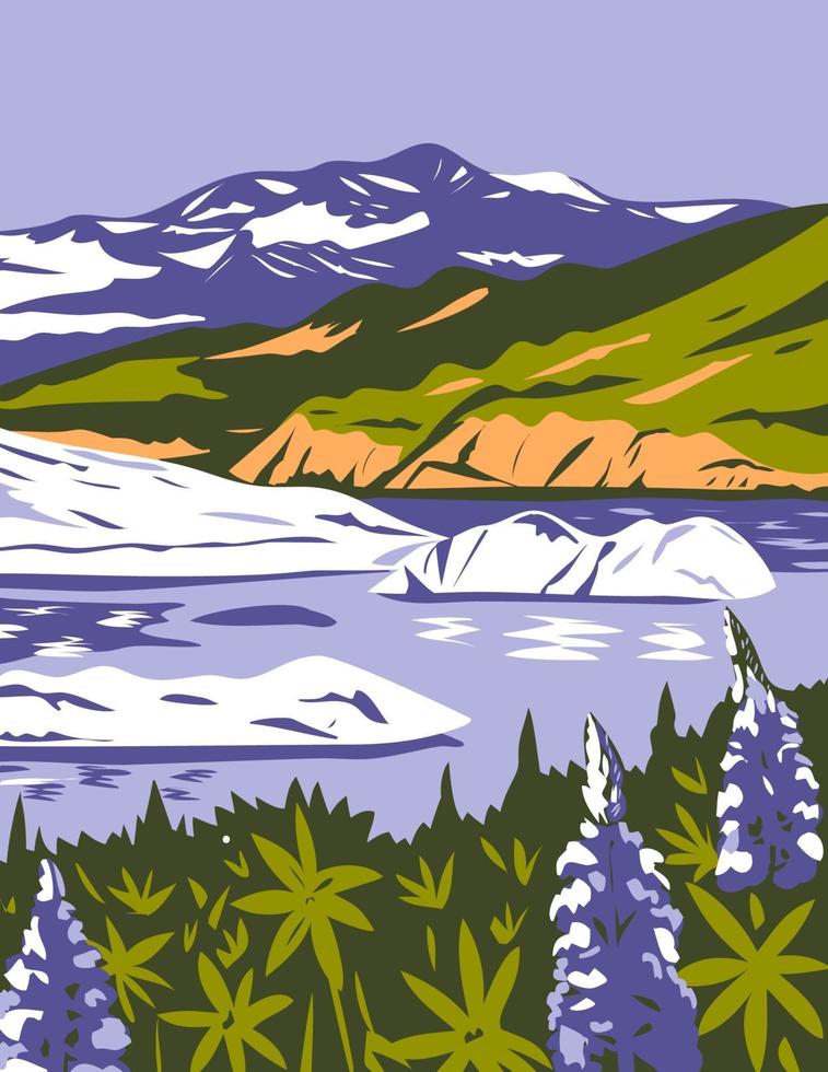 wrangell-st. Elias parco nazionale e riserva con lupini viola nel lago nizina in alaska poster art vettore