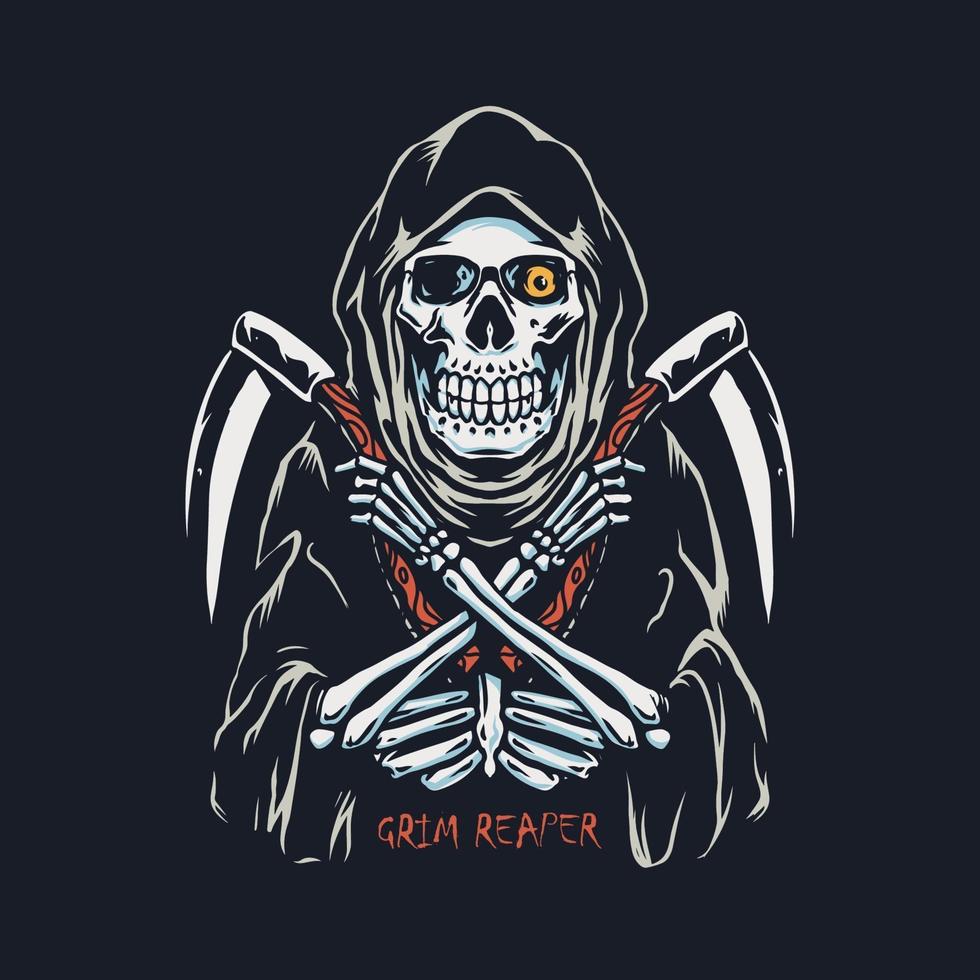 Grim Reaper con illustrazione disegnata a mano doppia falce vettore