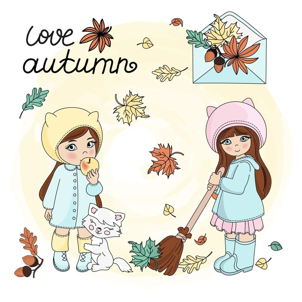 autunno le foglie autunno stagione bambini vettore illustrazione impostato