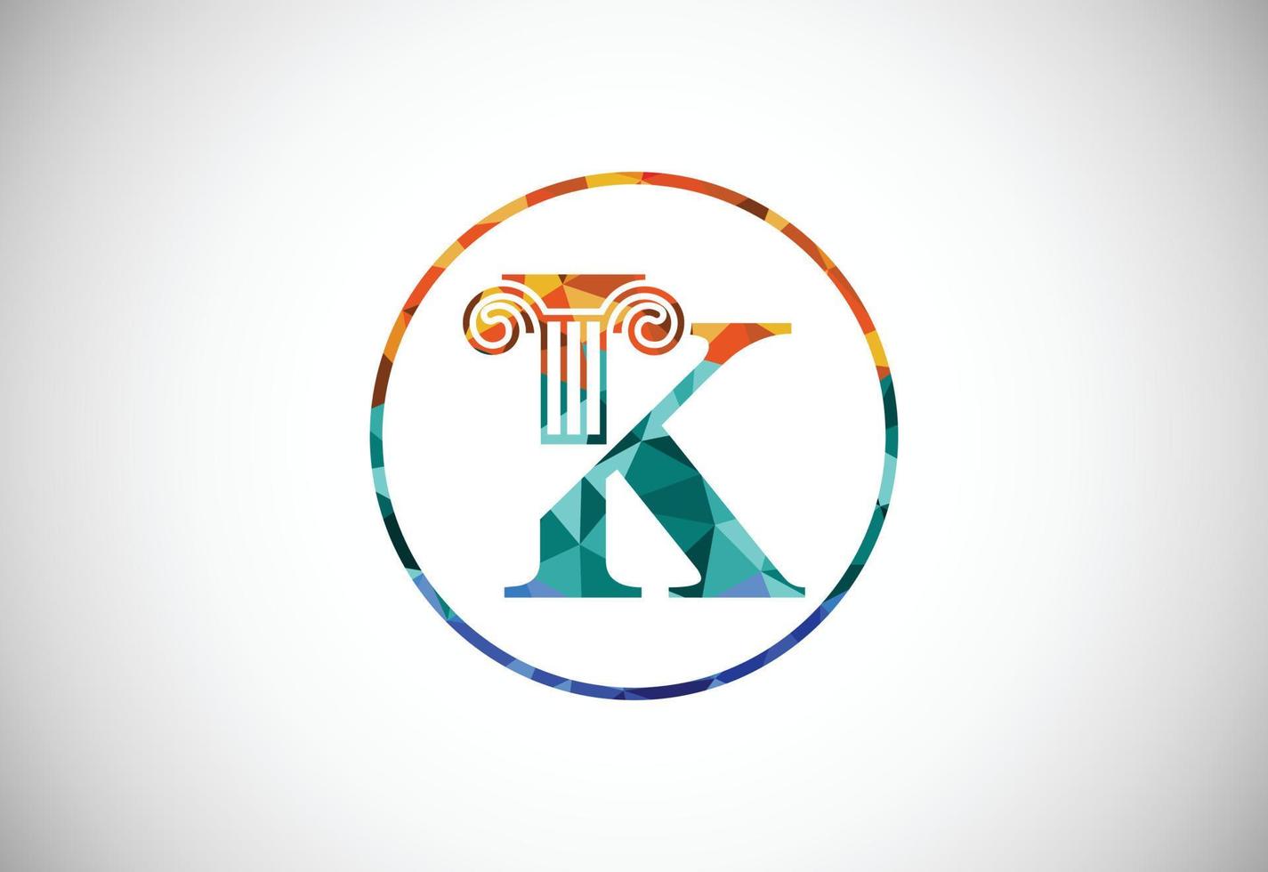Basso poli lettera K con legge pilastro logo design. legge ufficio vettore logo modello