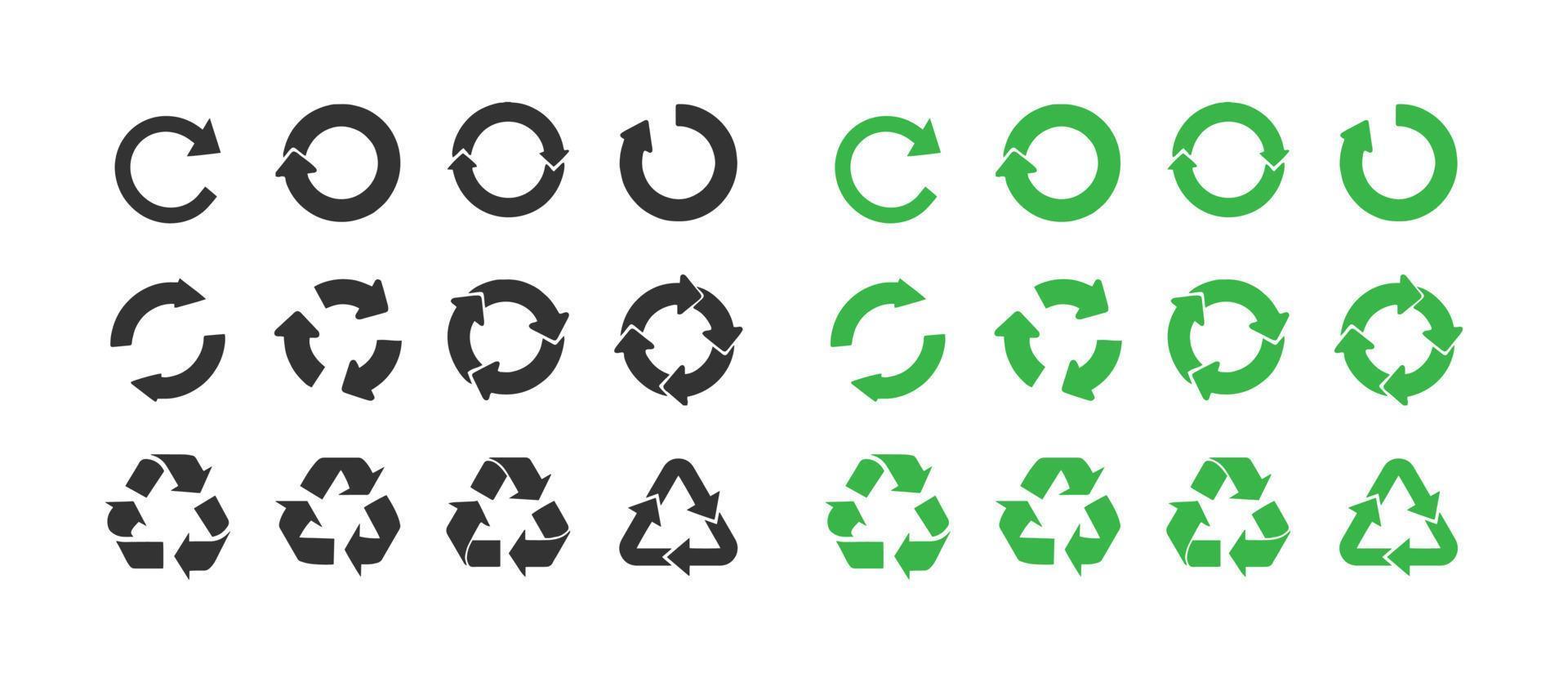 riciclare e ecologia icone collezione. impostato di cerchio freccia vettore icone. riciclare raccolta differenziata simbolo