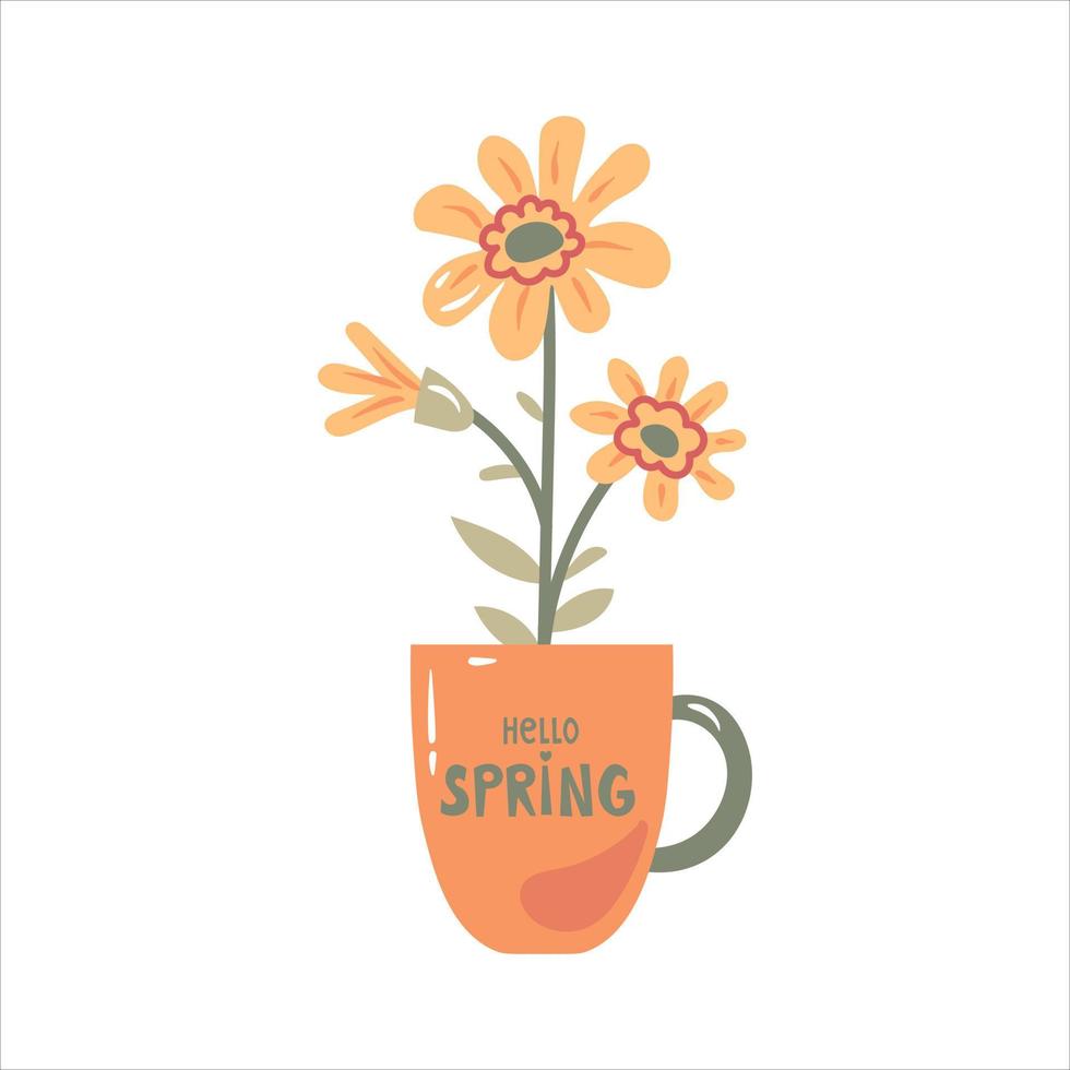 Ciao primavera saluto con boccale e fiori vettore