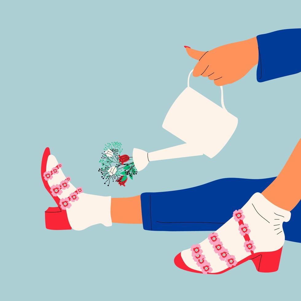 femmina gambe nel il sandali. freddo calzature con fiori. mano disegnato vettore colorato di moda moda illustrazione. piatto design