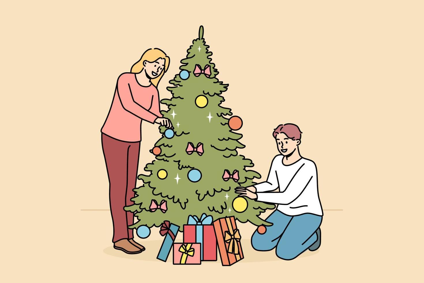 contento coppia decorare abete con palle e bulbi insieme. sorridente uomo e donna godere Natale albero decorazione a casa per inverno vacanze. vettore illustrazione.