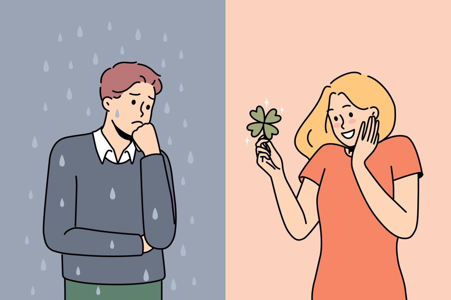 impostato di fortunato e sfortunato persone nel vita. infelice stressato uomo e sorridente ottimista donna sensazione diverso stati d'animo. vettore illustrazione.