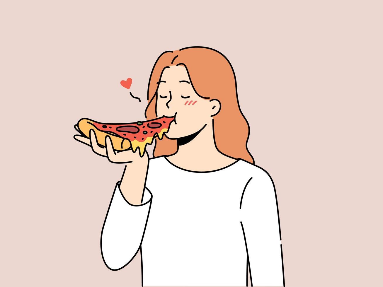 contento donna mangiare delizioso Pizza. sorridente ragazza godere gustoso italiano veloce cibo. tradizionale cucina. vettore illustrazione.