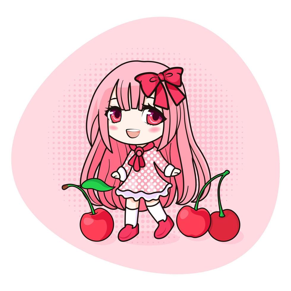 carino e kawaii ragazza con rosa capelli. felicemente manga chibi ragazza con ciliegie. vettore illustrazione. tutti oggetti siamo isolato. arte per stampe, copertine, manifesti e qualunque uso.