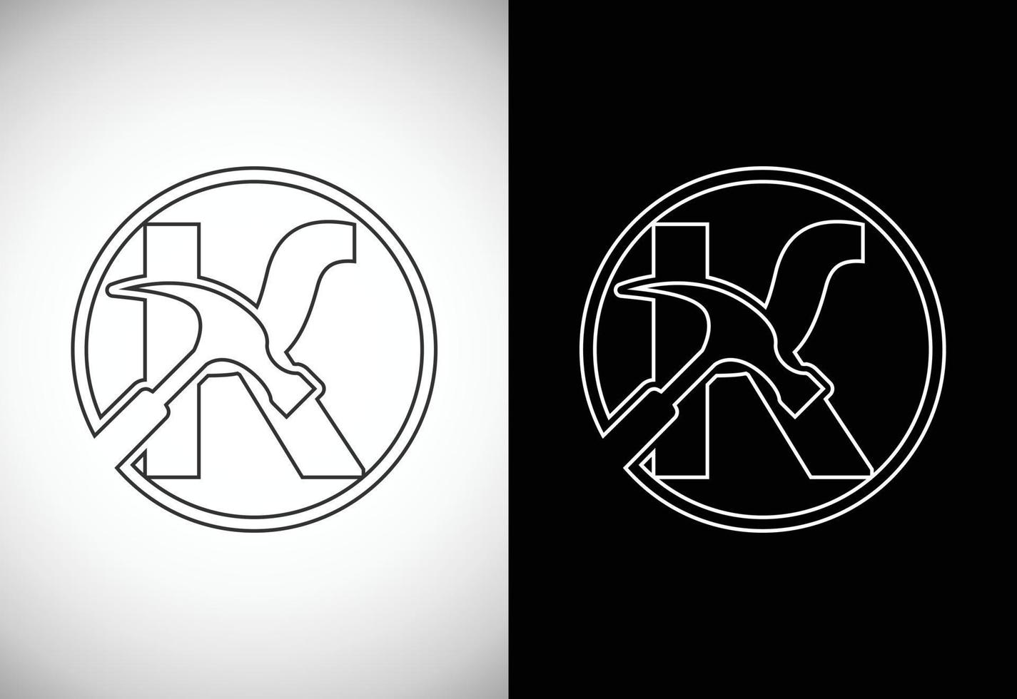 iniziale K lettera alfabeto con un' martello. riparazione, ristrutturazione, e costruzione logo. linea arte stile logo vettore