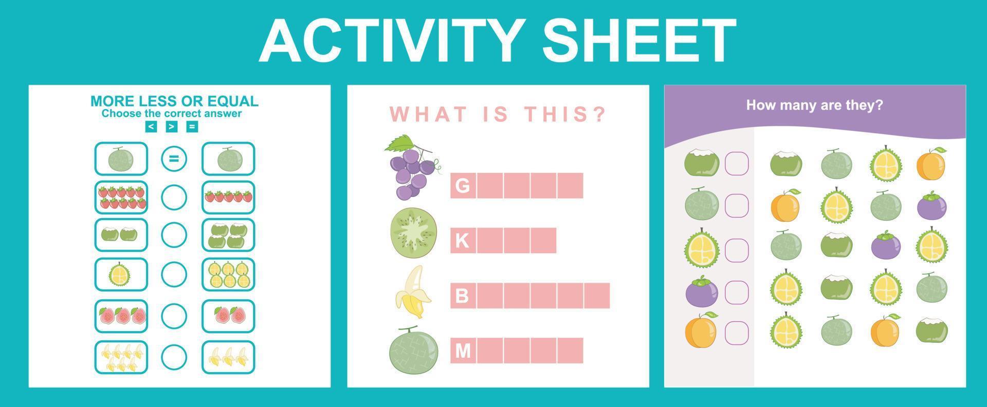 3 nel 1 attività per bambini. educativo stampabile foglio di lavoro. frutta foglio di lavoro tema. vettore illustrazioni.