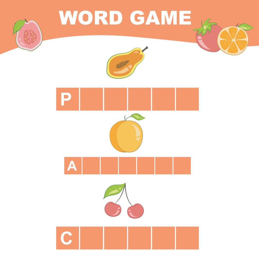 parola gioco foglio di lavoro. completare il parole. frutta tema nomi foglio di lavoro. educativo attività per prescolastico bambini. vettore illustrazione.