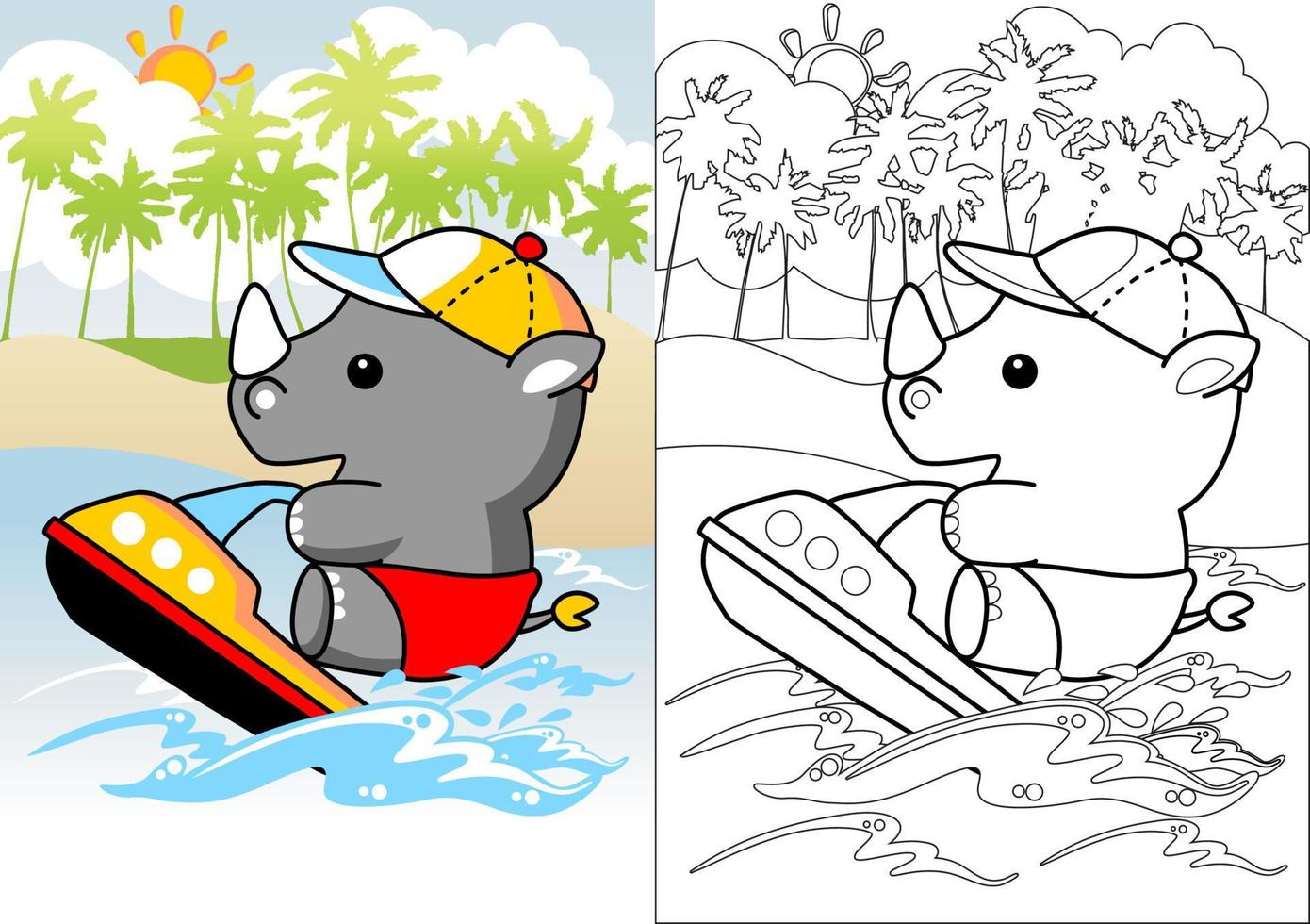 carino rinoceronte giocando Jet sciare nel il spiaggia, vettore cartone animato, colorazione libro o pagina