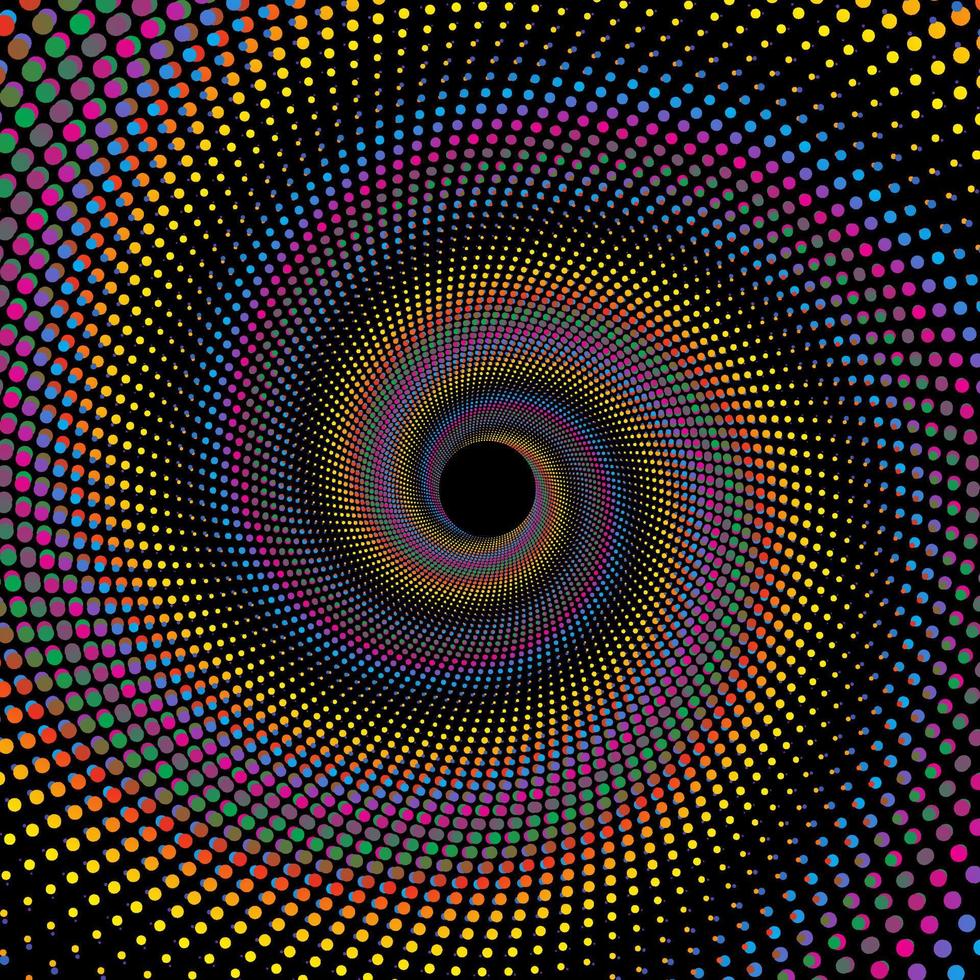 colorato mosaico turbine modello puntini vettore sfondo. giallo, Nero, rosa, verde, e rosso tratteggiata spirale vortice bandiera modello.