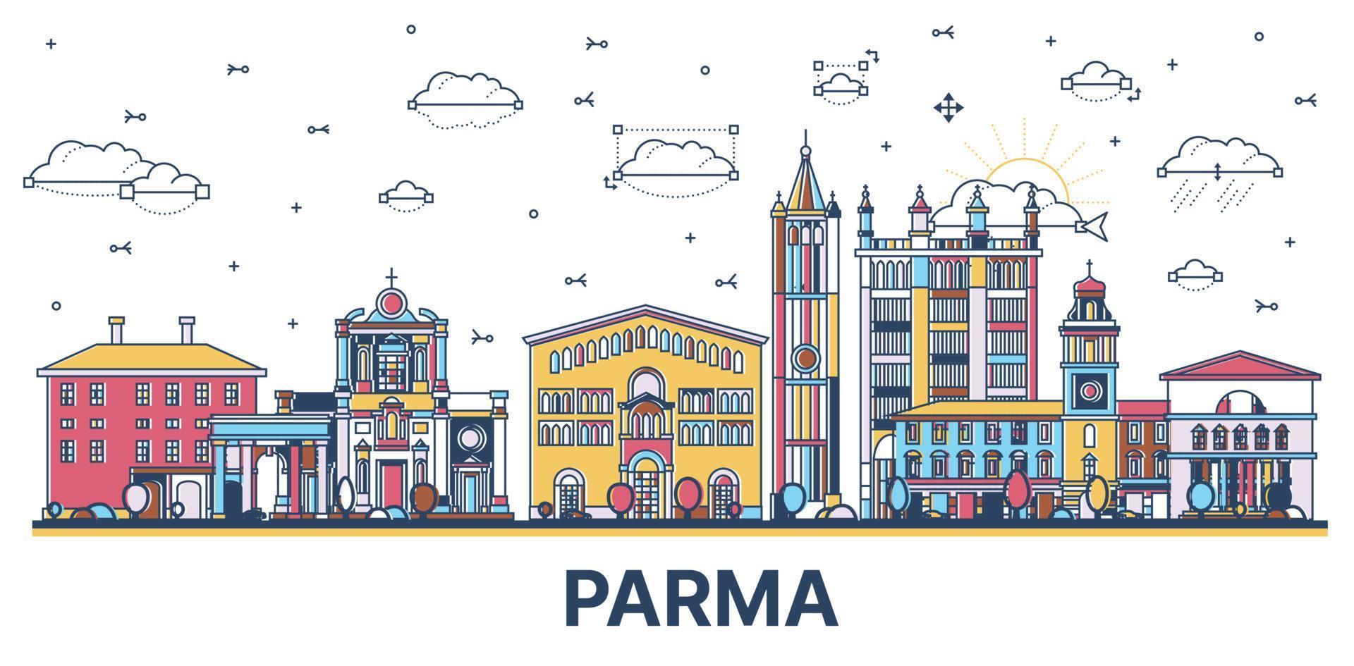 schema parma Italia città orizzonte con colorato storico edifici isolato su bianca. vettore illustrazione.