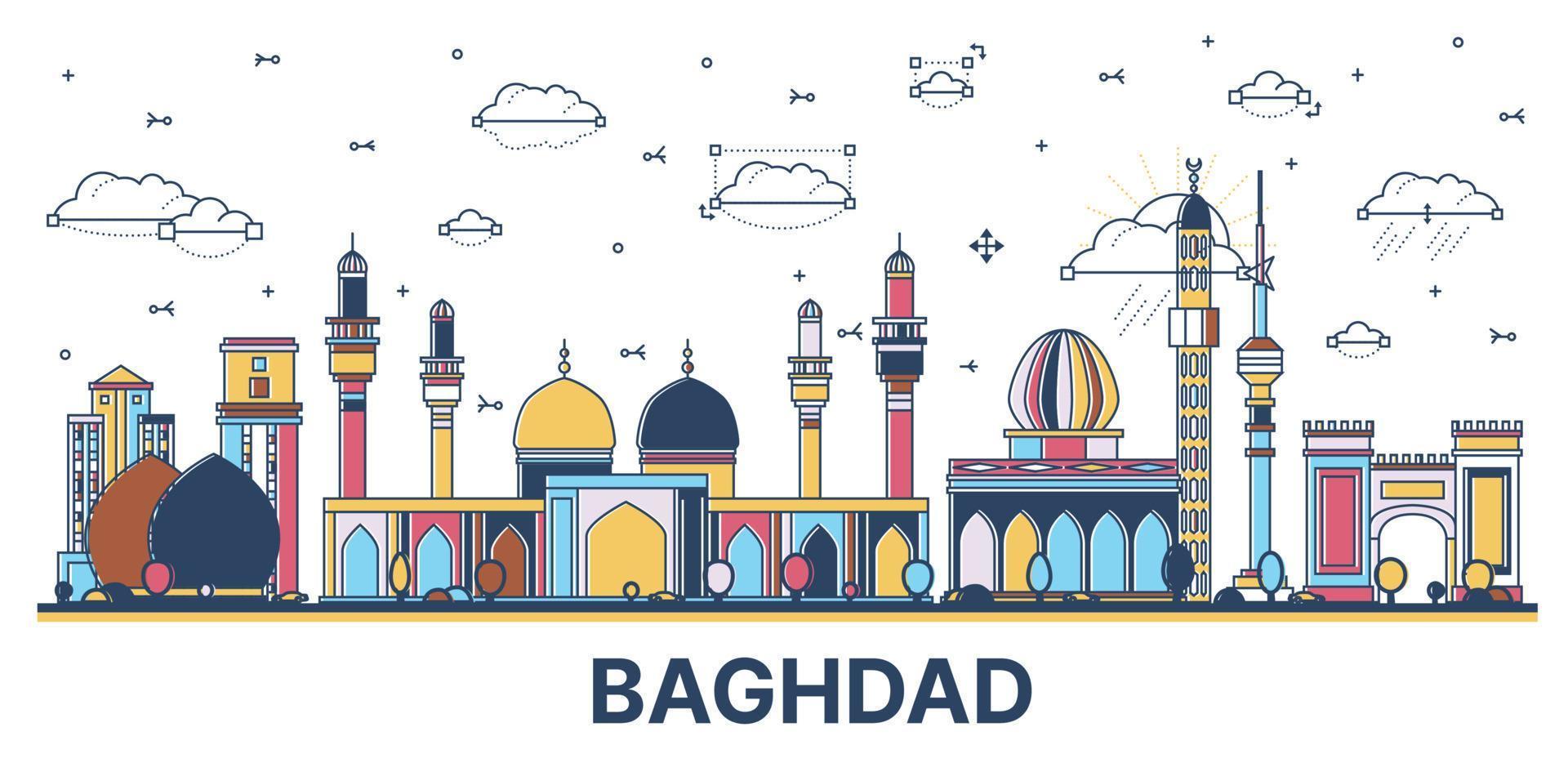 schema baghdad Iraq città orizzonte con colorato storico edifici isolato su bianca. vettore illustrazione.