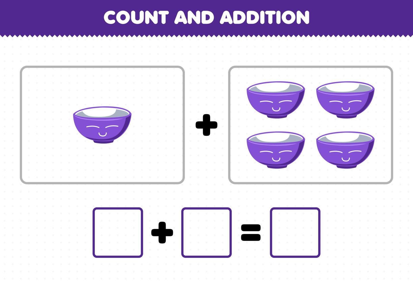 formazione scolastica gioco per bambini divertimento aggiunta di conteggio carino cartone animato ciotola immagini stampabile attrezzo foglio di lavoro vettore