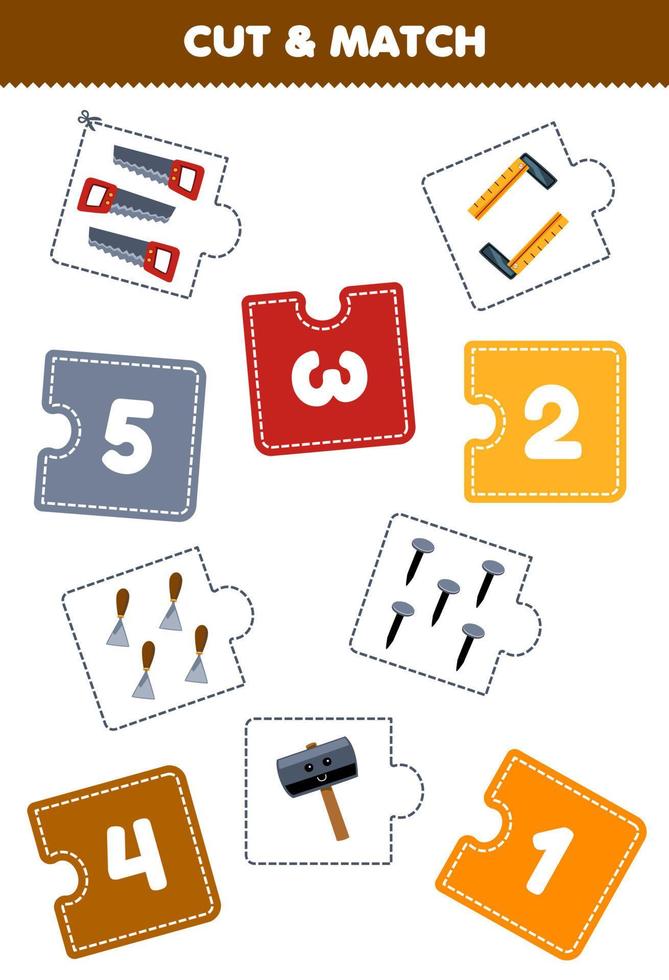 formazione scolastica gioco per bambini tagliare pezzo di puzzle e incontro di numero di carino cartone animato martello righello sega scalpello chiodo stampabile attrezzo foglio di lavoro vettore