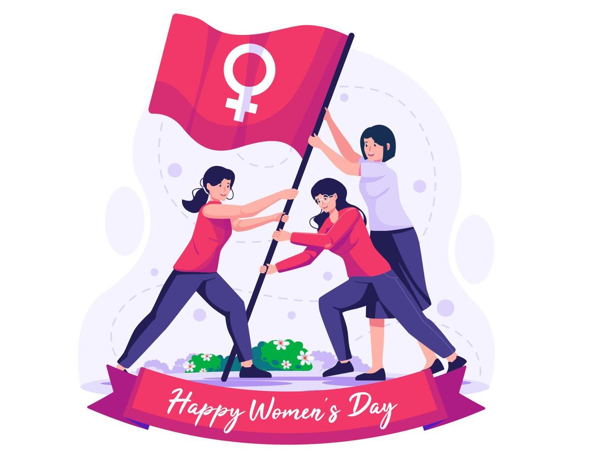 tre donne raccolta un' bandiera simboleggiante il femmina Genere. lottando per libertà, indipendenza, e uguaglianza. Da donna giorno concetto illustrazione vettore