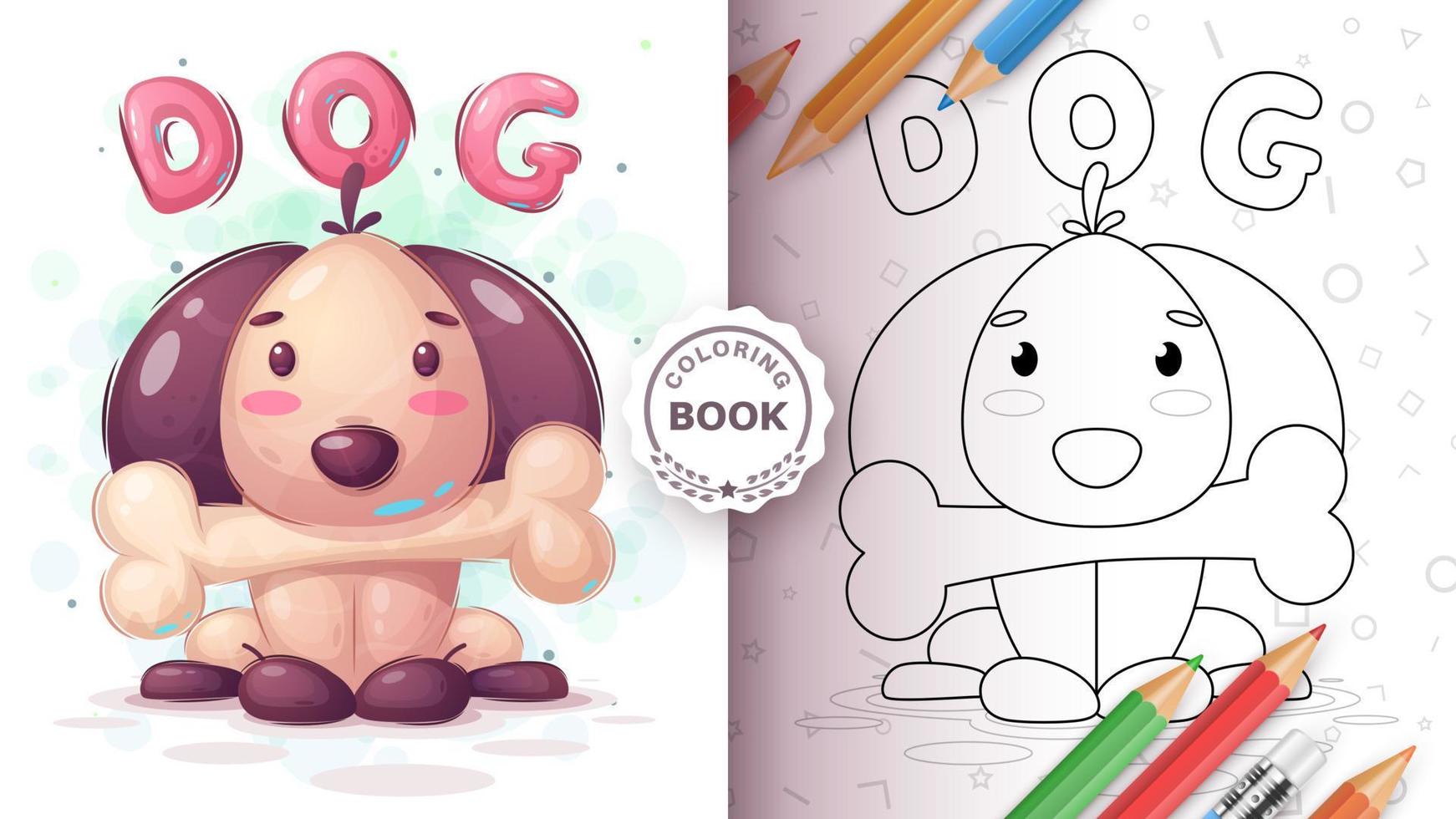 colorazione libro cartone animato personaggio adorabile cane con osso, bella animale idea per Stampa maglietta, manifesto e bambini Busta, cartolina. carino mano disegnato stile cucciolo vettore