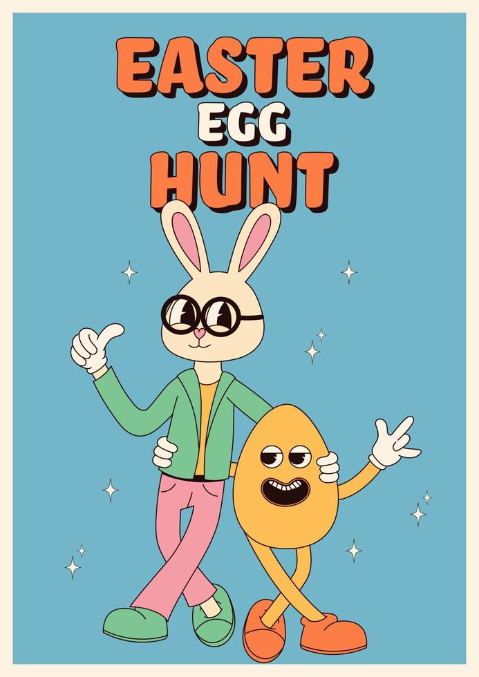 Groovy hippie contento Pasqua manifesti. Pasqua coniglietto e uovo. vettore carta nel di moda retrò 60s 70s cartone animato stile.