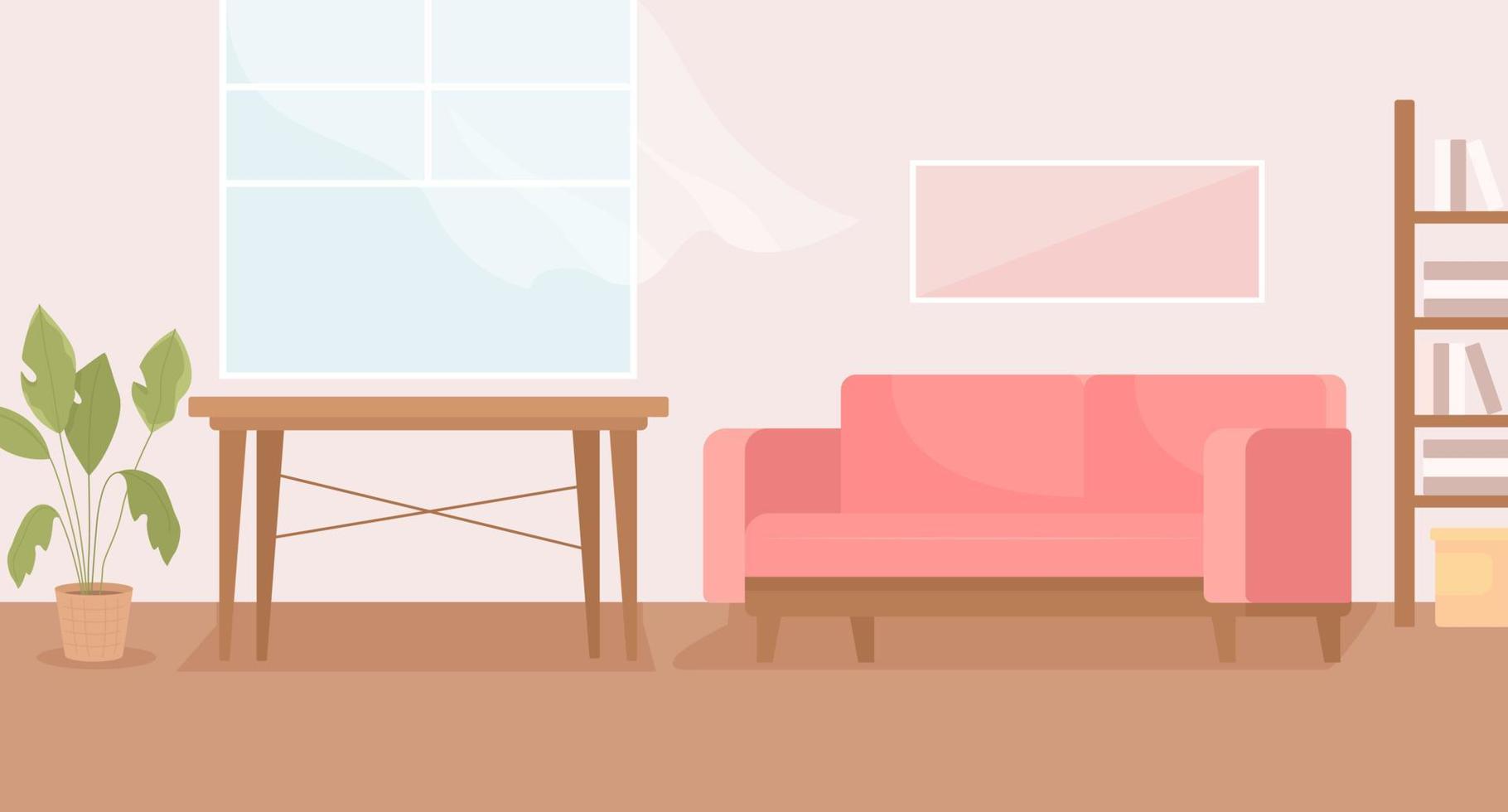 bello vivente camera con divano e di legno tavolo piatto colore vettore illustrazione. fresco primavera aria In arrivo attraverso finestra. completamente modificabile 2d semplice cartone animato interno con rosa muri su sfondo