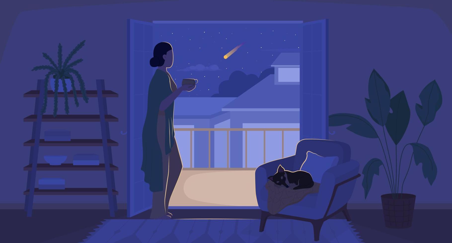 donna ammirazione Visualizza a partire dal balcone a accogliente notte piatto concetto vettore illustrazione. veloce Messaggio con piatto 2d personaggio su cartone animato sfondo. colorato modificabile Immagine per mobile, sito web UX design