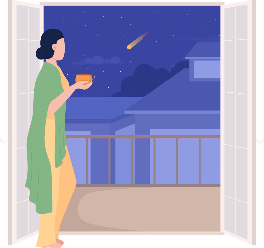 accogliente donna con tazza guardare su a partire dal balcone a notte semi piatto colore vettore carattere. modificabile figura. pieno corpo persona su bianca. semplice cartone animato stile illustrazione per ragnatela grafico disegno, animazione