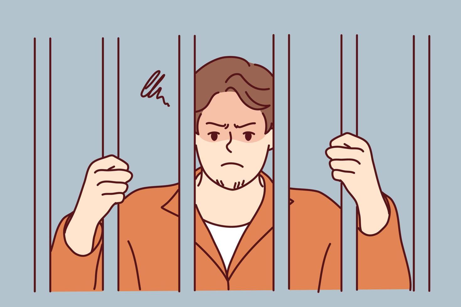 infelice uomo nel accappatoio dietro a barre nel prigione. arrabbiato maschio penale imprigionato per crimine o delitto. reclusione e frase. vettore illustrazione.
