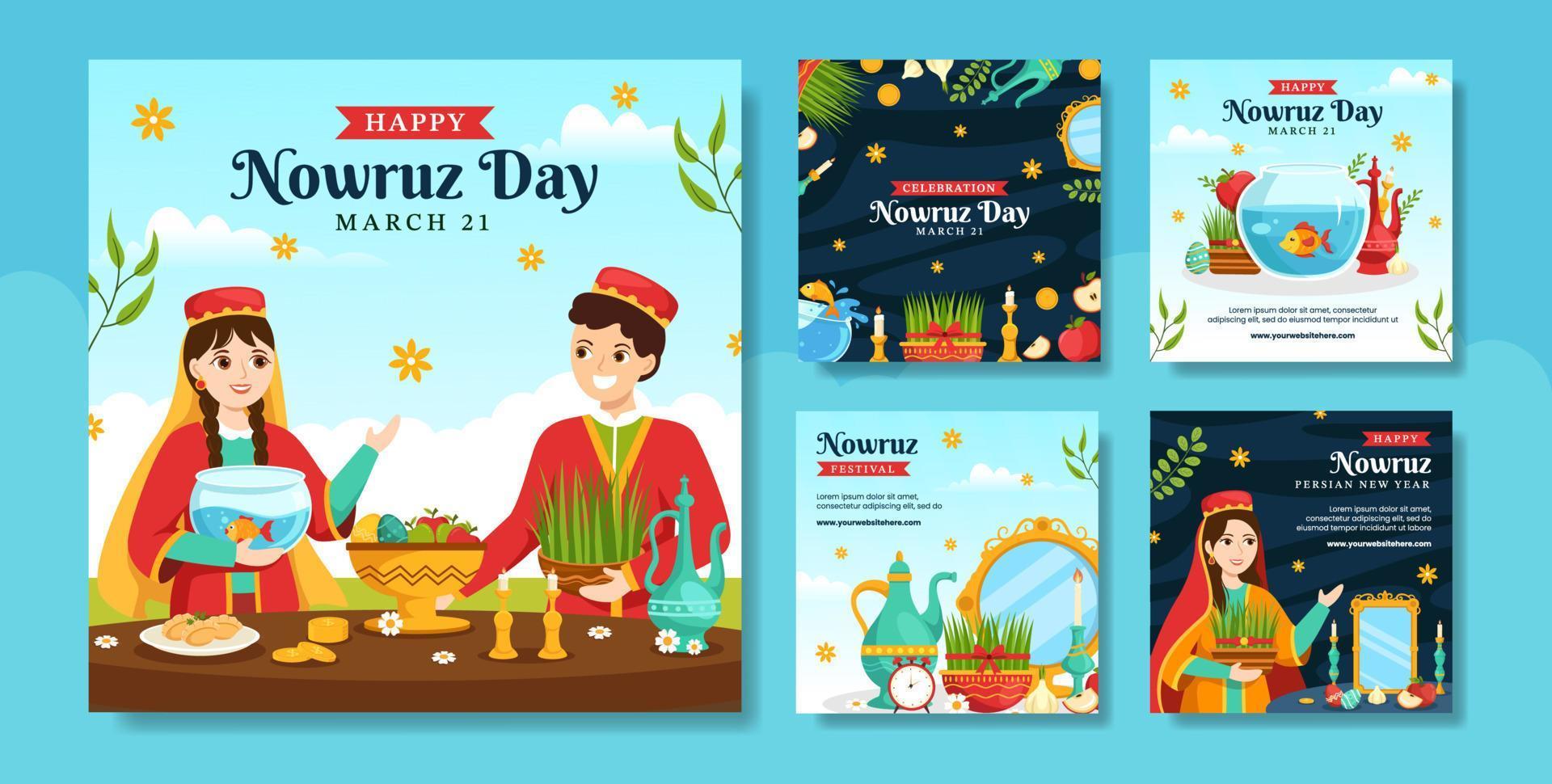 contento Nowruz giorno sociale media inviare piatto cartone animato mano disegnato modelli sfondo illustrazione vettore