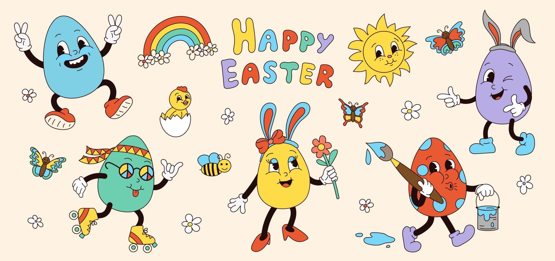 impostato retrò Groovy Pasqua uova personaggi nel di moda cartone animato 60s 70s stile. vecchio classico cartone animato stile. piatto vettore mano disegnato illustrazione.
