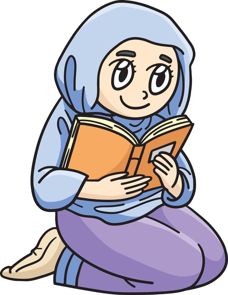 Ramadan musulmano donna lettura Corano cartone animato clipart vettore