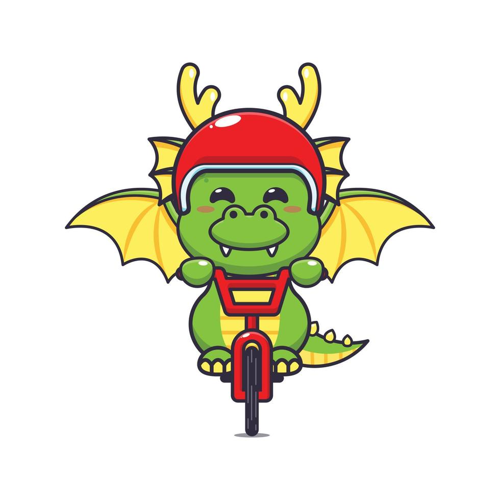 carino Drago portafortuna cartone animato personaggio cavalcata su bicicletta. vettore
