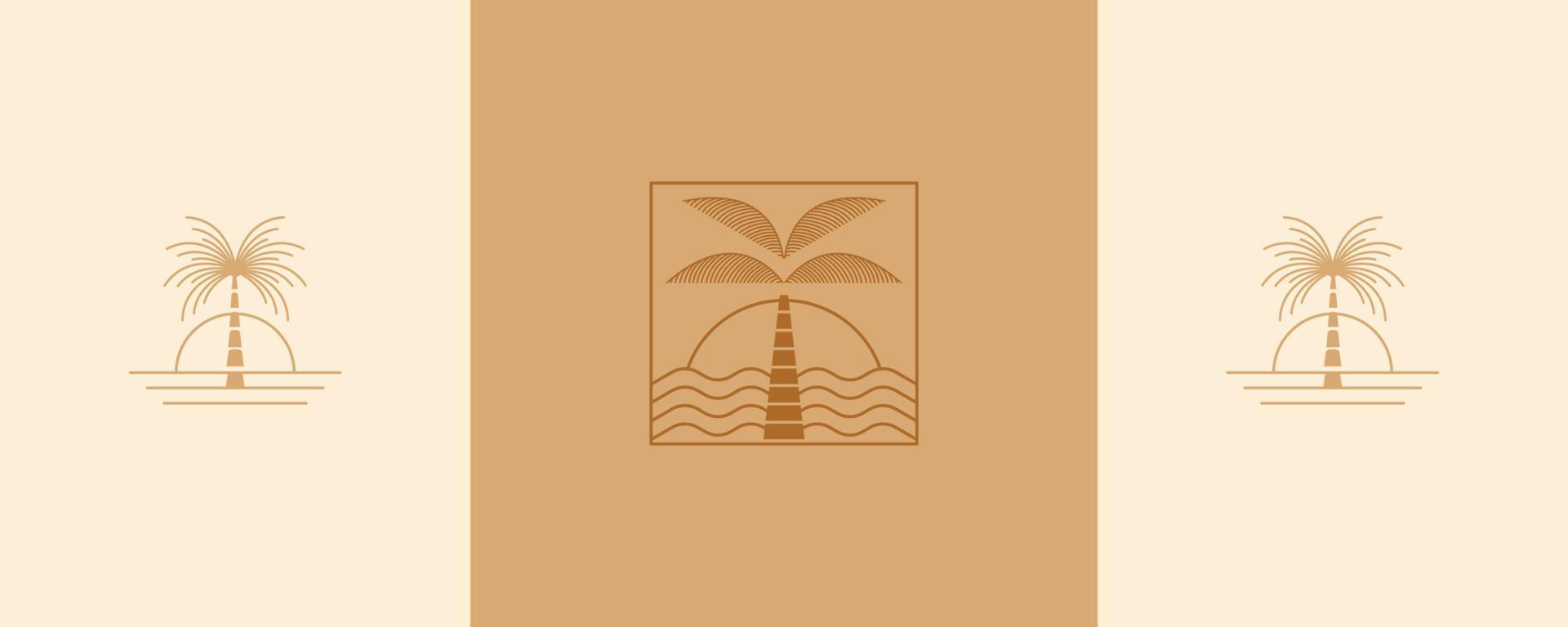 palme, mare e Alba vettore impostare. elegante palma e spiaggia logo design linea icona vettore nel lusso stile schema lineare. premio boutique, gioielleria, vacanza, turismo emblema logo design impostare.