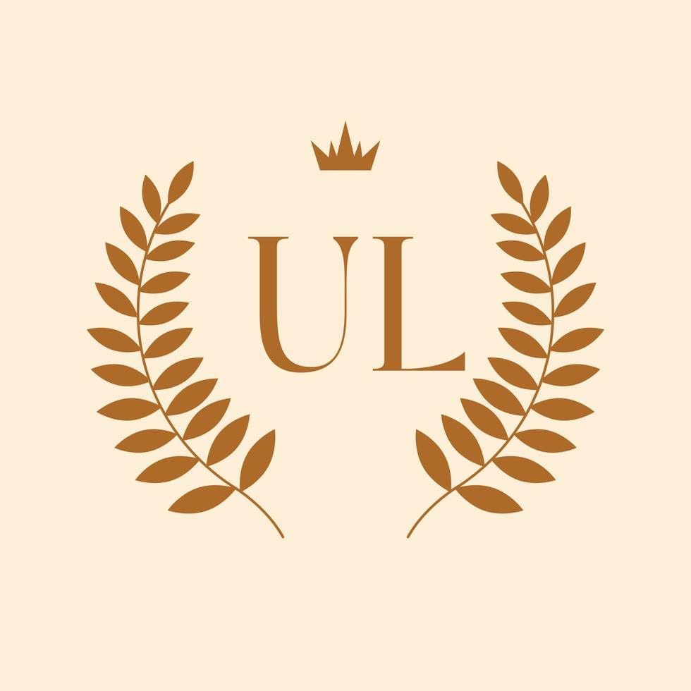 ul iniziali logo design. lettere ul reale emblema con corona. vettore