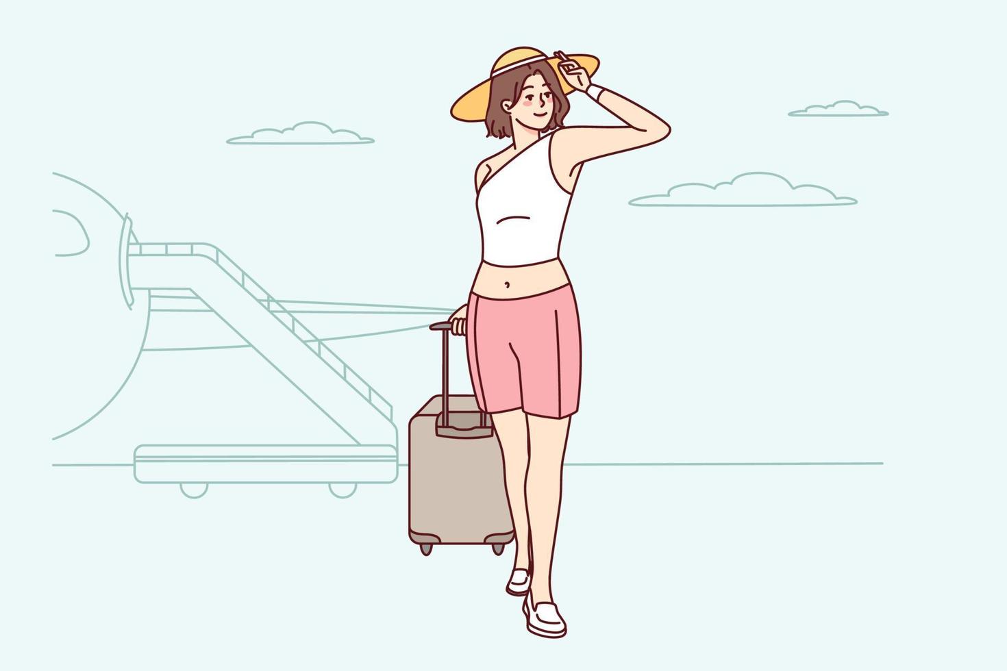 contento donna con valigia nel aeroporto pronto per estate vacanza. sorridente ragazza nel cappello con Bagaglio eccitato di estate vacanze. vettore illustrazione.
