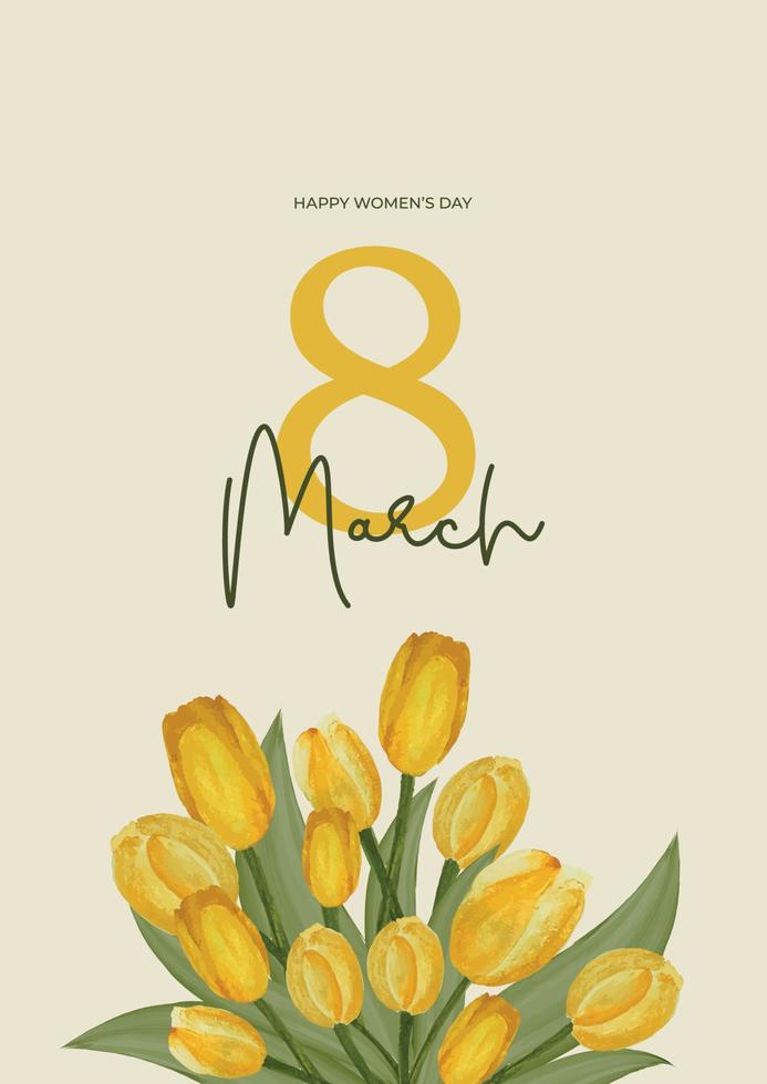 cartolina per marzo 8 con un' mazzo di giallo acquerello tulipani. Congratulazioni su Da donna giorno. vettore modello