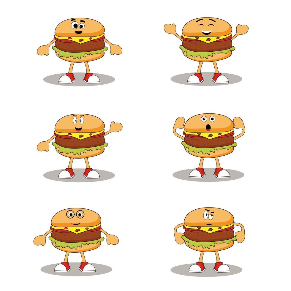 cartone animato hamburger impostato con diverso genere di emozioni. vettore