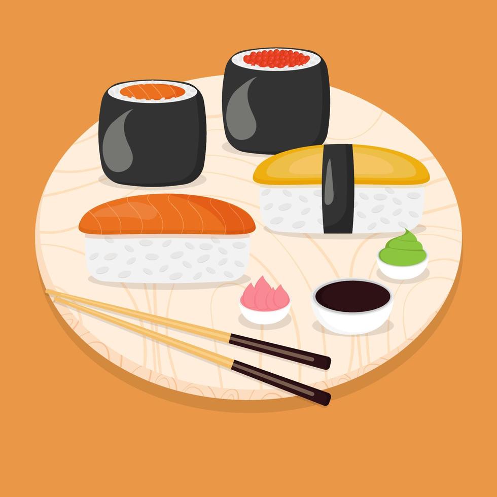 giapponese cibo Sushi e rotoli su il di legno taglio tavola. vettore illustrazione.