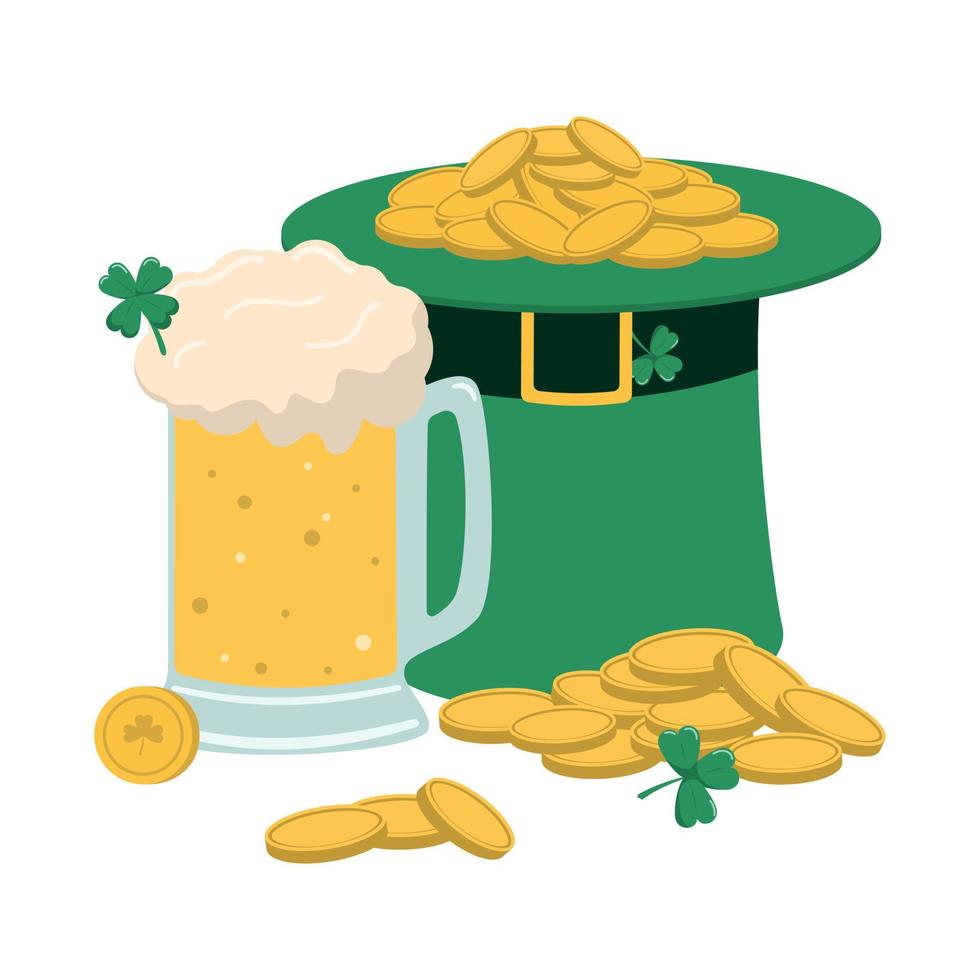 st. Patrick giorno vacanza tema design con un' verde fata cappello, birra, e un' lotto di oro monete isolato su bianca sfondo. vettore