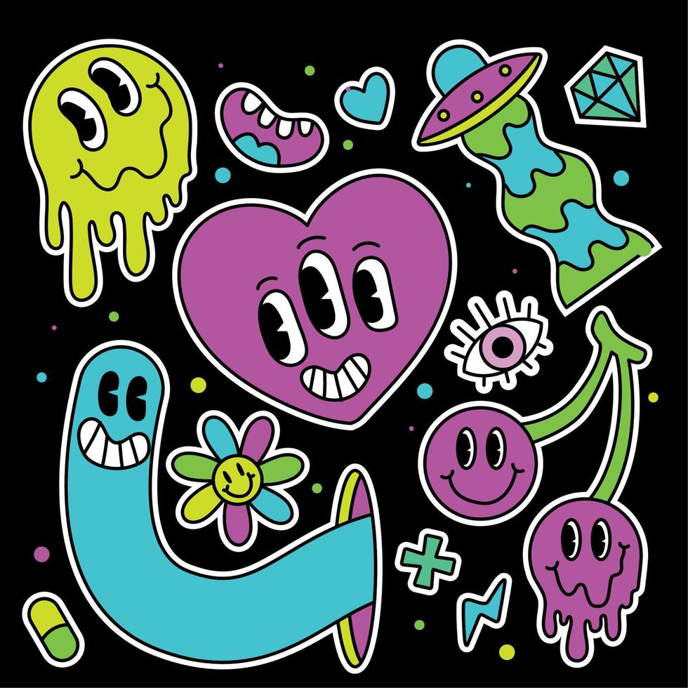 colorato gruppo di Groovy emoticon e icone psicodelica cuore vettore illustrazione