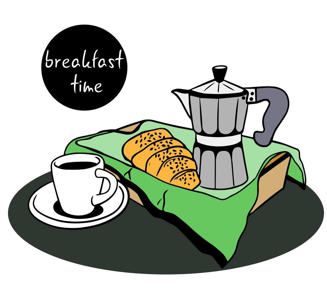 prima colazione volta. bene mattina con tazza di caffè. pane scatola con fresco pane, pasticcini con tazza di caldo caffè. continentale prima colazione - caffè e brioche. vettore