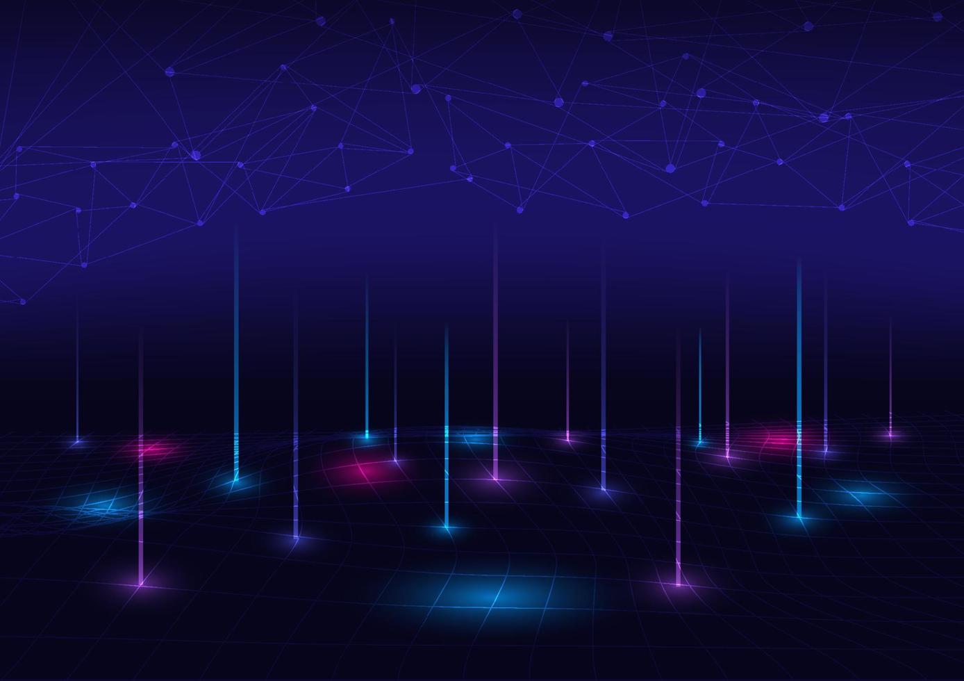 astratto sfondo hi-tech griglia multicolore raggiante Linee crescente sopra colorato cerchi di leggero su il terra wireframe con punti sopra nero e blu pendenza sfondo vettore